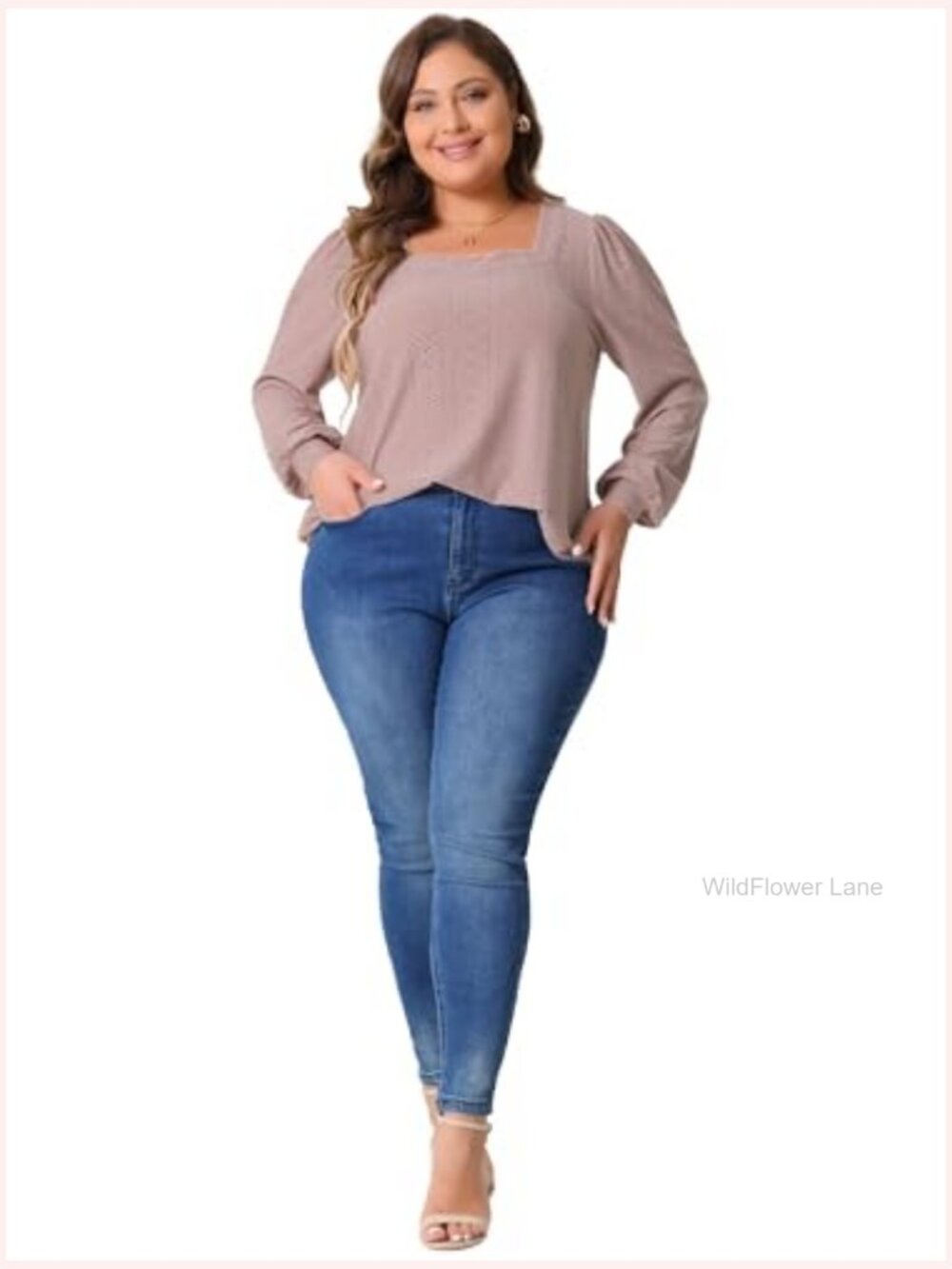 Plus Size Square Neck Hollow Long Sleeve Eyelet Blouse - Picture 3 of 5